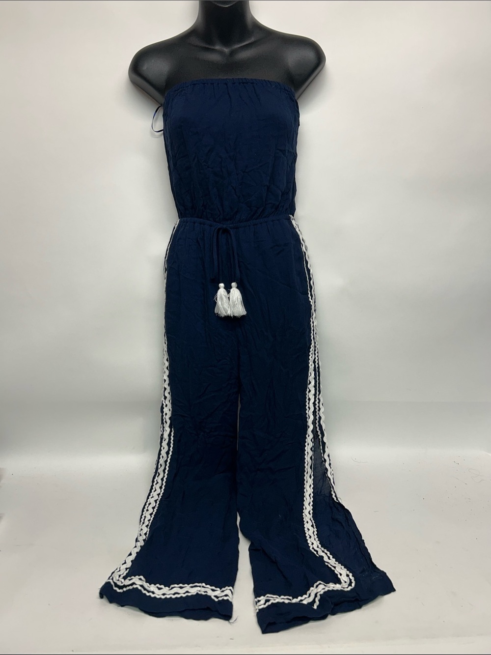 Strapless Navy Wide-Leg Jumpsuit with Tassel Tie surf gypsy size small